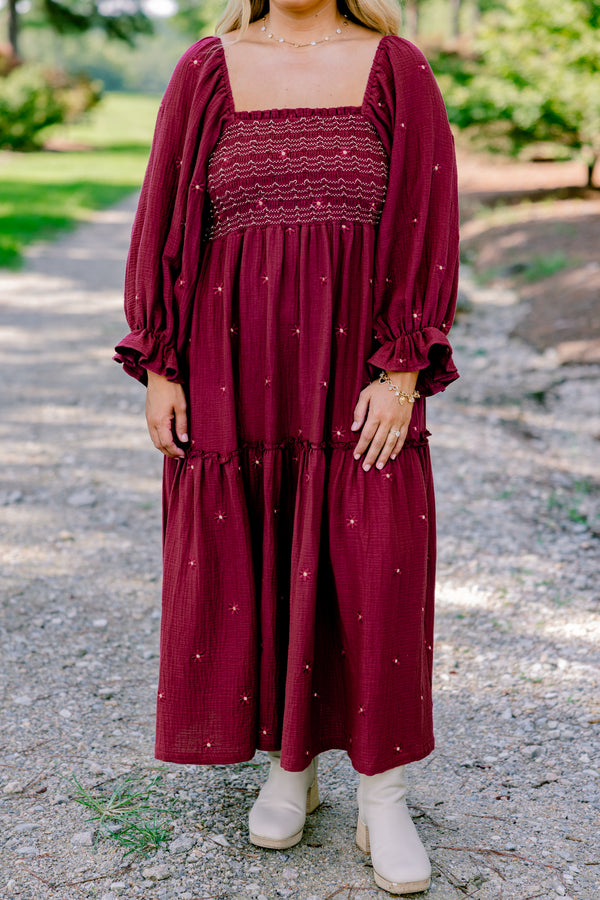 Chic Soul plus size clothing, burgundy long sleeve maxi dress with bubble sleeves and rouching on the chest and small white flowers all over 