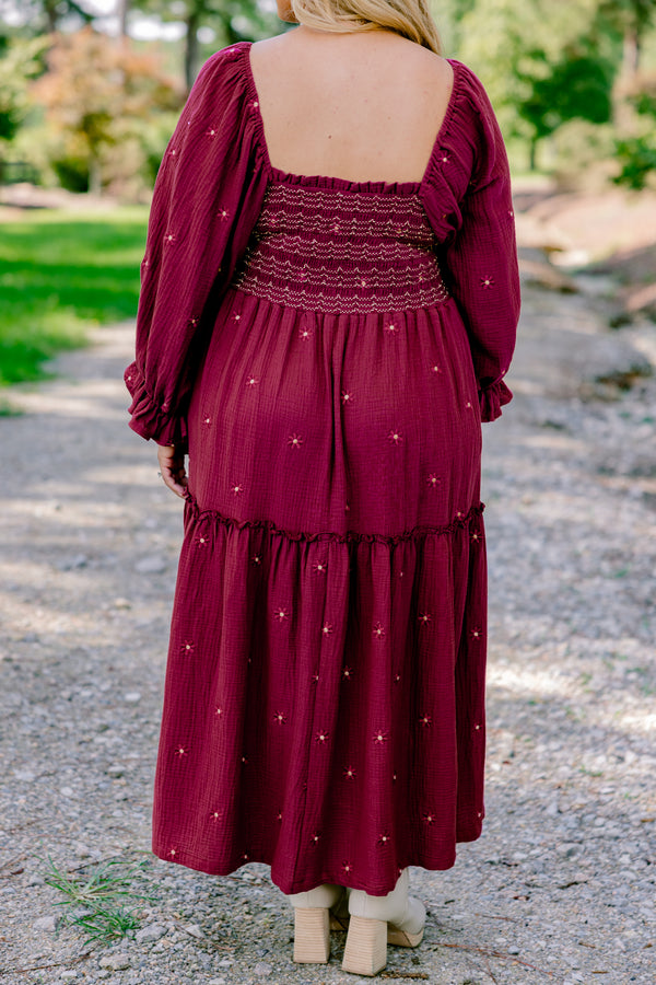 Chic Soul plus size clothing, burgundy long sleeve maxi dress with bubble sleeves and rouching on the chest and small white flowers all over 