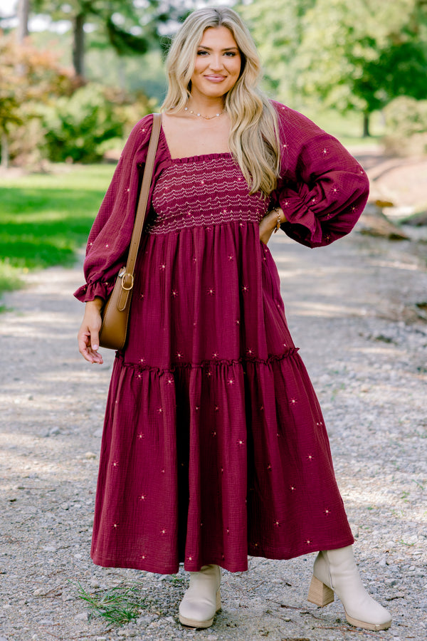Chic Soul plus size clothing, burgundy long sleeve maxi dress with bubble sleeves and rouching on the chest and small white flowers all over 