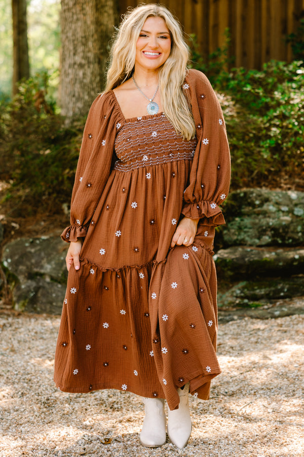 Chic Soul plus size clothing, dark brown maxi dress with a brown and white floral pattern and long bubble sleeves that have a ruffle detail as well as a square neckline 