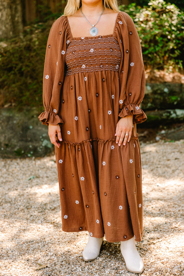 Chic Soul plus size clothing, dark brown maxi dress with a brown and white floral pattern and long bubble sleeves that have a ruffle detail as well as a square neckline 