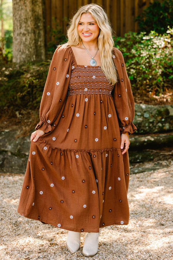 Chic Soul plus size clothing, dark brown maxi dress with a brown and white floral pattern and long bubble sleeves that have a ruffle detail as well as a square neckline 