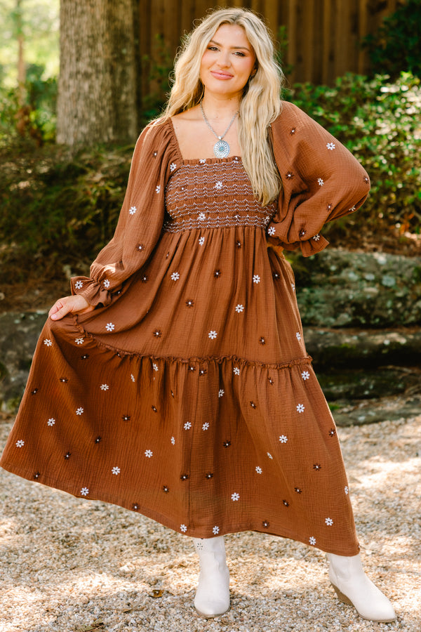 Chic Soul plus size clothing, dark brown maxi dress with a brown and white floral pattern and long bubble sleeves that have a ruffle detail as well as a square neckline 