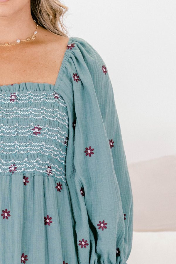 Chic Soul plus size clothing, dusty blue long sleeve square neck tiered maxi dress with dark purple embroidered flower detailing 