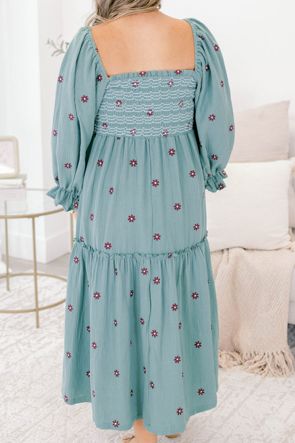 Chic Soul plus size clothing, dusty blue long sleeve square neck tiered maxi dress with dark purple embroidered flower detailing 