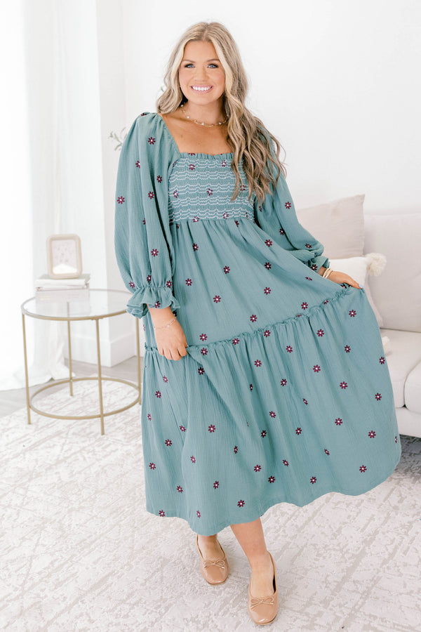 Chic Soul plus size clothing, dusty blue long sleeve square neck tiered maxi dress with dark purple embroidered flower detailing 