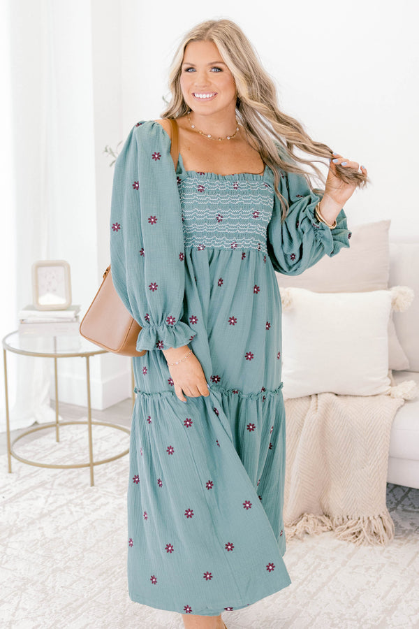 Chic Soul plus size clothing, dusty blue long sleeve square neck tiered maxi dress with dark purple embroidered flower detailing 