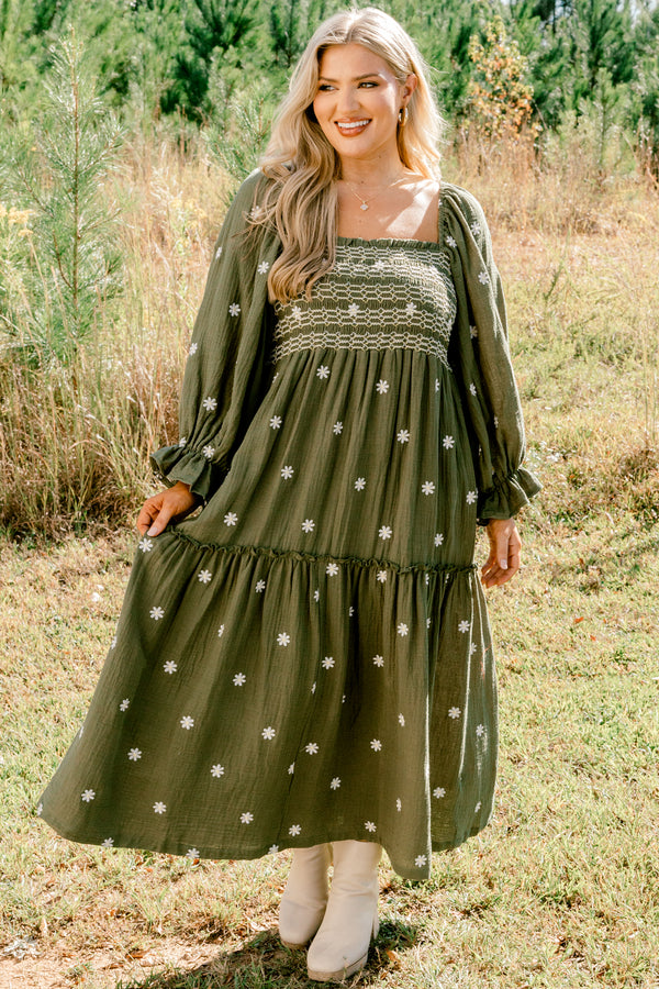 Chic Soul plus size clothing, olive square neck tiered maxi dress with small white flowers on it 