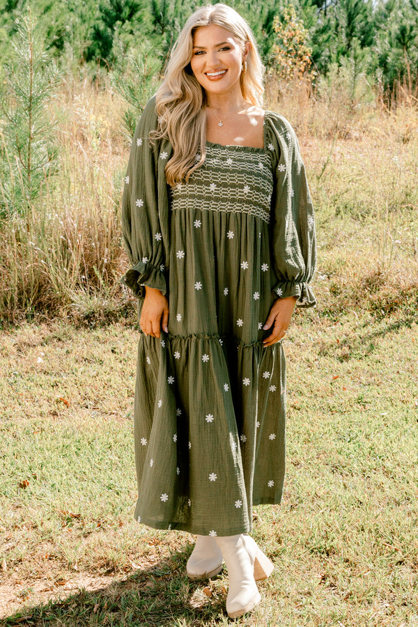 Chic Soul plus size clothing, olive square neck tiered maxi dress with small white flowers on it 