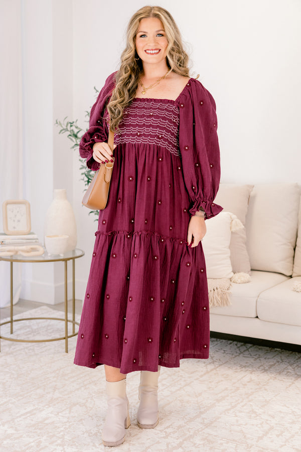 Chic Soul plus size clothing, burgundy long sleeve tiered flowy square neck floral print maxi dress