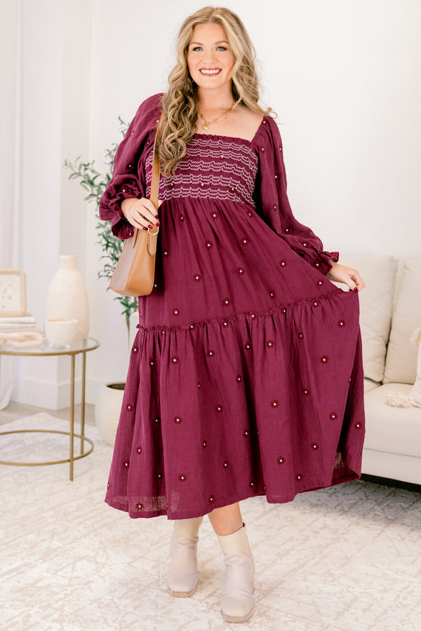 Chic Soul plus size clothing, burgundy long sleeve tiered flowy square neck floral print maxi dress