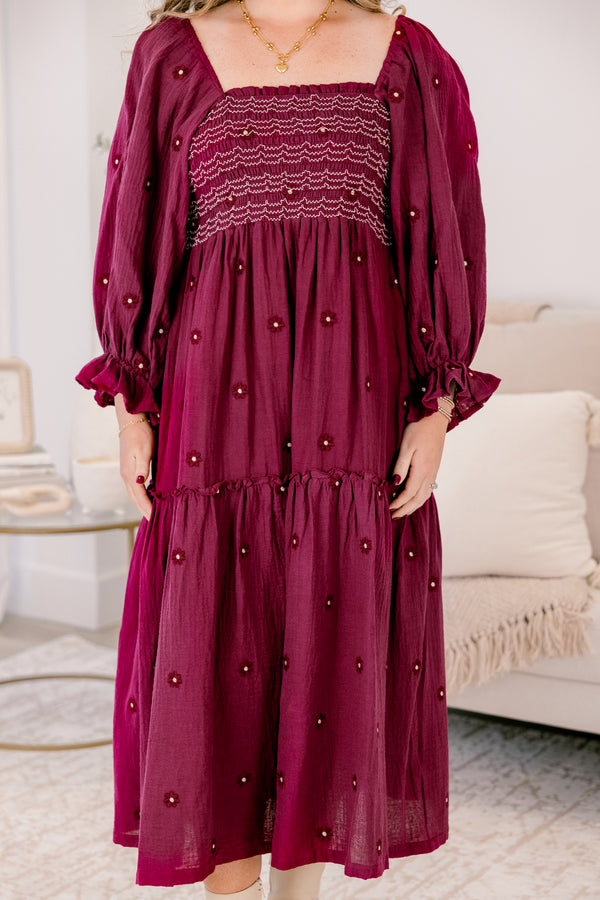 Chic Soul plus size clothing, burgundy long sleeve tiered flowy square neck floral print maxi dress