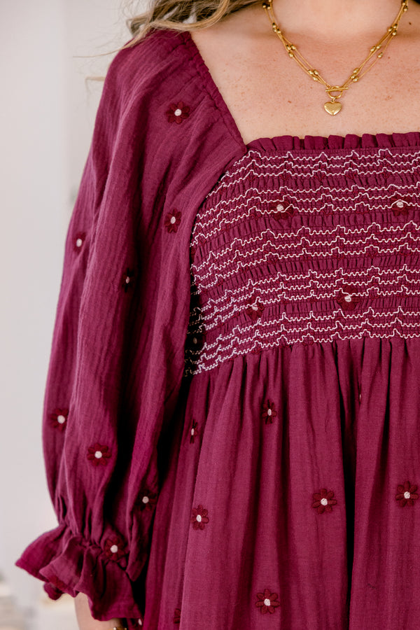 Chic Soul plus size clothing, burgundy long sleeve tiered flowy square neck floral print maxi dress