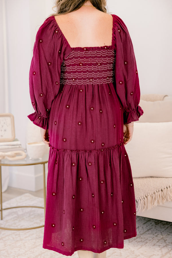 Chic Soul plus size clothing, burgundy long sleeve tiered flowy square neck floral print maxi dress