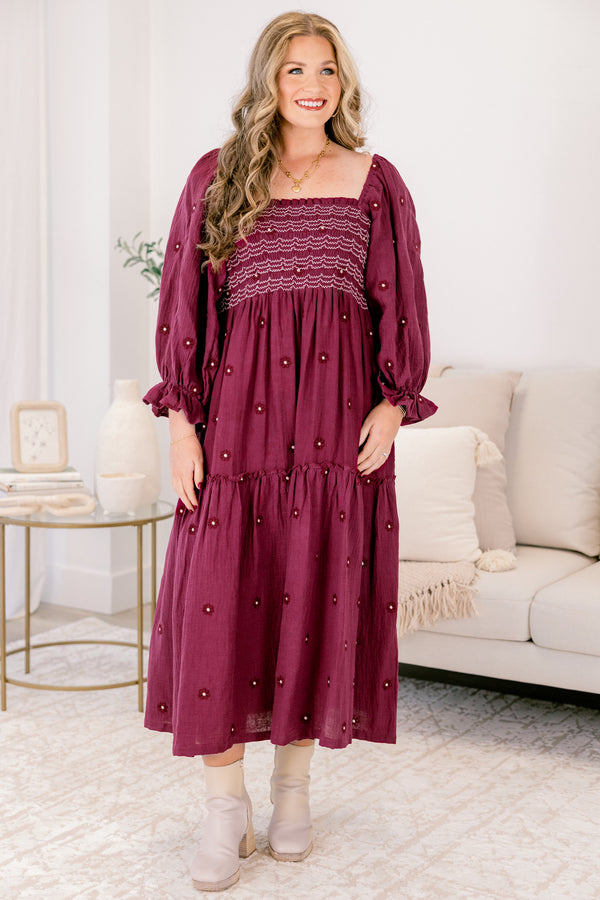 Chic Soul plus size clothing, burgundy long sleeve tiered flowy square neck floral print maxi dress