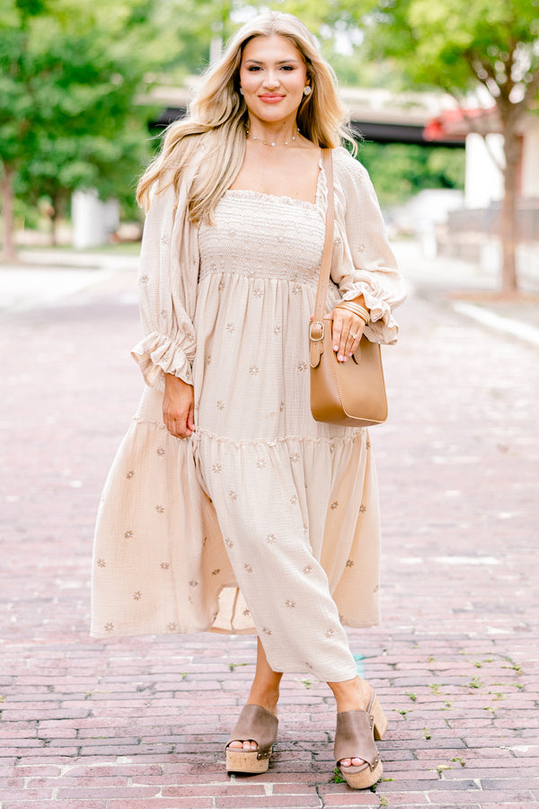 Chic Soul plus size clothing, tan long sleeve maxi dress with embroidered floral pattern