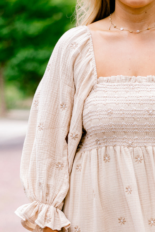 Chic Soul plus size clothing, tan long sleeve maxi dress with embroidered floral pattern