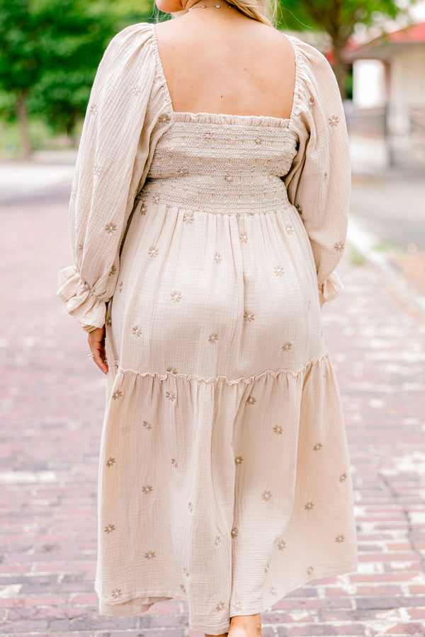Chic Soul plus size clothing, tan long sleeve maxi dress with embroidered floral pattern