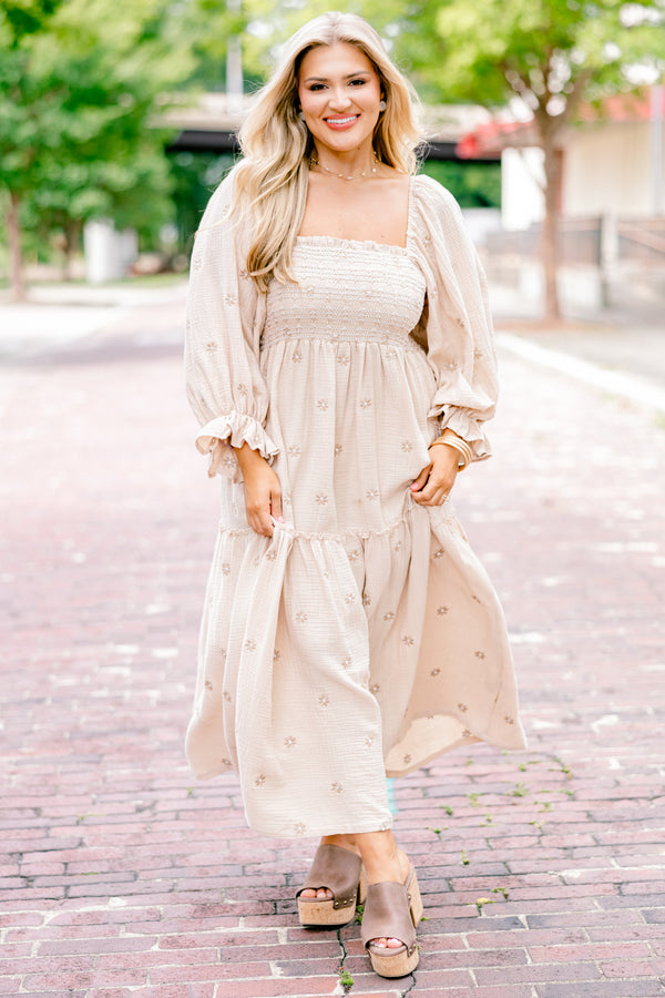 Chic Soul plus size clothing, tan long sleeve maxi dress with embroidered floral pattern