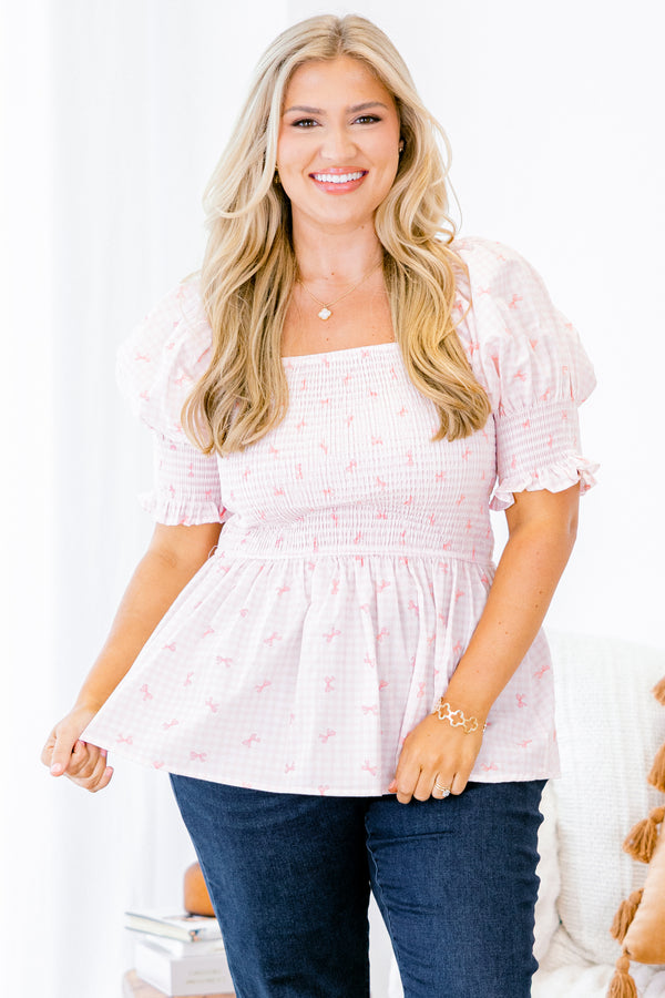 Chic Soul plus size clothing, short-puffed-sleeve light pink baby doll top with a smocked bodice and a square-neckline with a subtle pink floral and gingham pattern