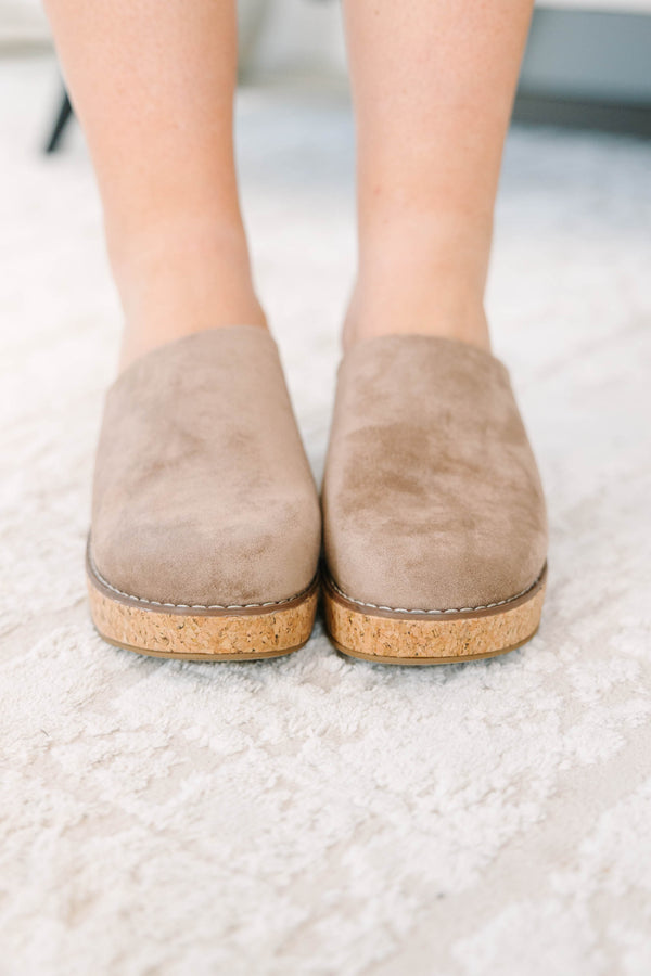 Plus Size taupe suede wedge mules with a cork platform and closed round toe.