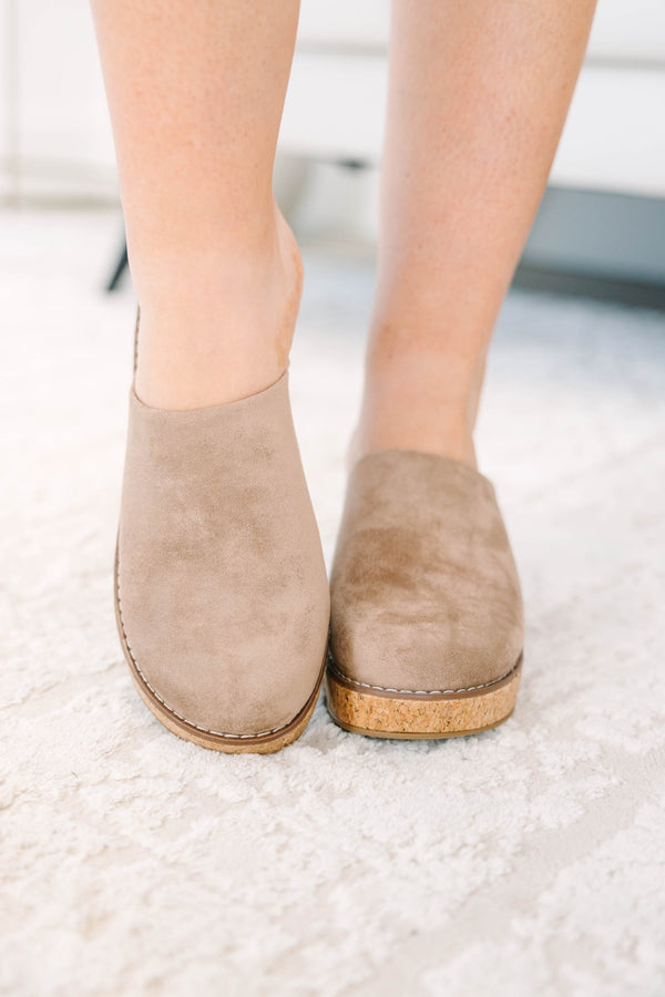 Plus Size taupe suede wedge mules with a cork platform and closed round toe.