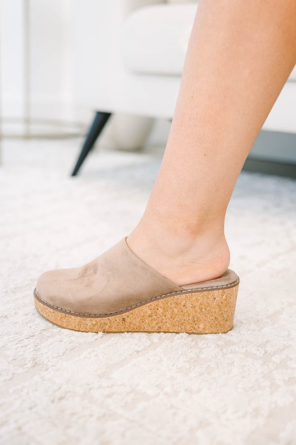 Plus Size taupe suede wedge mules with a cork platform and closed round toe.