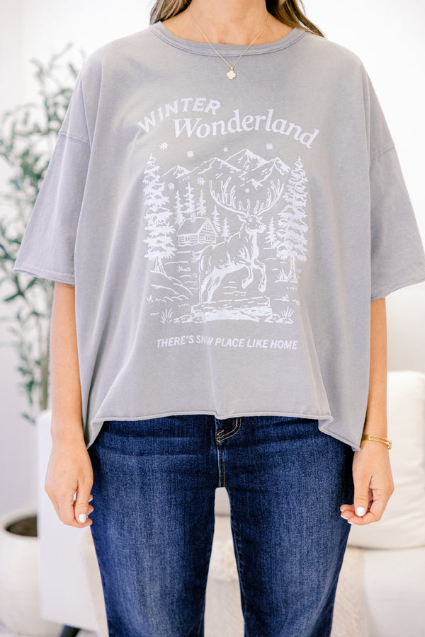 Chic Soul plus size clothing, light grey short sleeve slightly cropped tee with a white winter scene and 