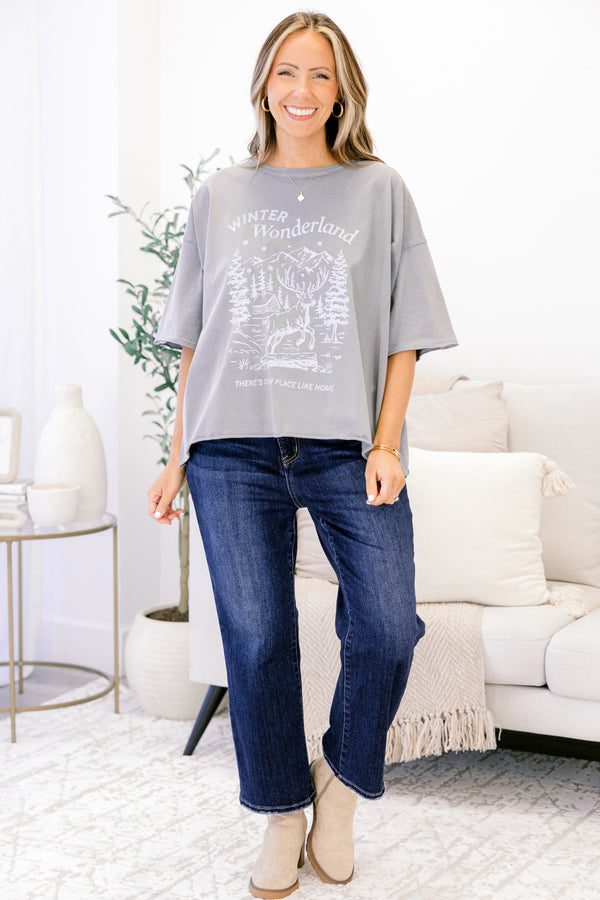 Chic Soul plus size clothing, light grey short sleeve slightly cropped tee with a white winter scene and 