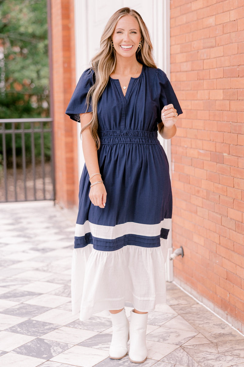 ruffle v neck maxi dress in navy Navy Blue Ruffled Tie-Back Maxi Dress | Womens | 2X (Available in 1X, M, L) | 100% Polyester | Lulus