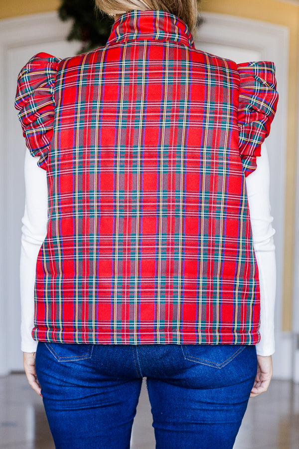 Chic Soul plus size clothing, red sleeveless puffer vest with plaid print with collar and ruffle along shoulders with button up detail