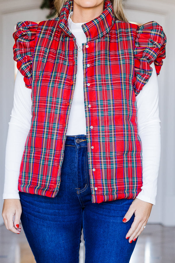 Chic Soul plus size clothing, red sleeveless puffer vest with plaid print with collar and ruffle along shoulders with button up detail