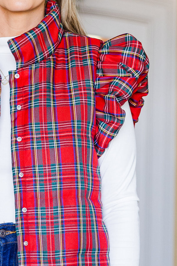 Chic Soul plus size clothing, red sleeveless puffer vest with plaid print with collar and ruffle along shoulders with button up detail