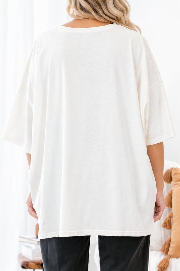 Chic Soul plus size clothing, ivory short sleeve boyfriend tee with a black cat, martini with eyeballs, bats, and other Halloween graphics on the front