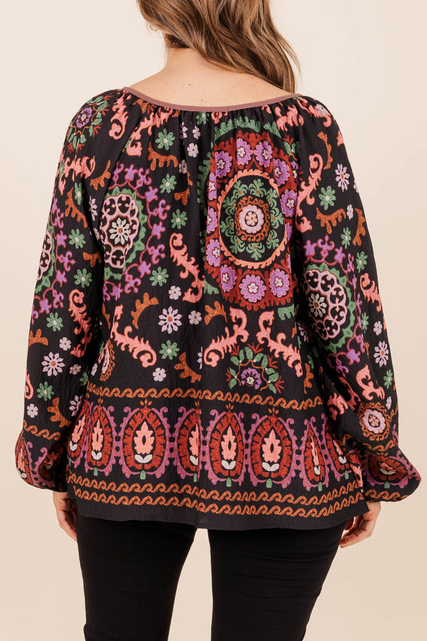 Chic Soul plus size clothing, black-mauve floral and paisley pattern blouse with drawstrings and balloon sleeves