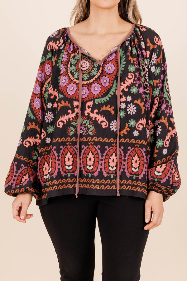 Chic Soul plus size clothing, black-mauve floral and paisley pattern blouse with drawstrings and balloon sleeves