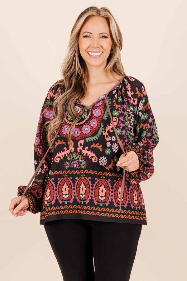 Chic Soul plus size clothing, black-mauve floral and paisley pattern blouse with drawstrings and balloon sleeves