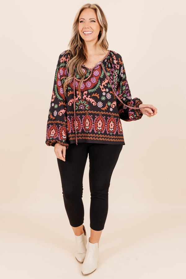 Chic Soul plus size clothing, black-mauve floral and paisley pattern blouse with drawstrings and balloon sleeves