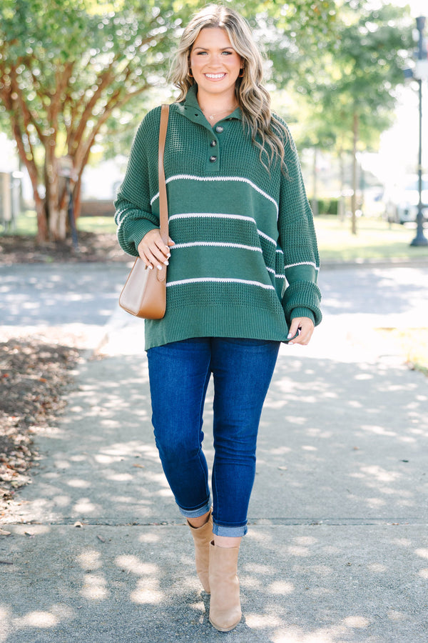 Plus Size green and white striped waffle knit sweater with a button-up collar and long sleeves.
