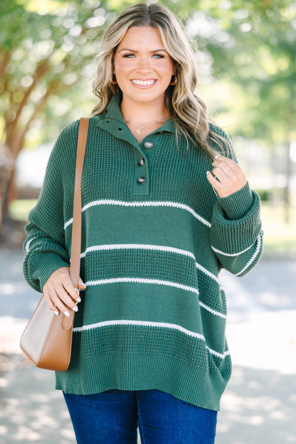 Plus Size green and white striped waffle knit sweater with a button-up collar and long sleeves.