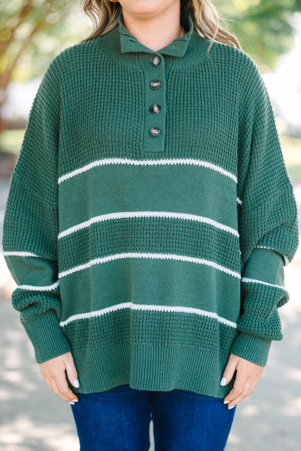 Plus Size green and white striped waffle knit sweater with a button-up collar and long sleeves.