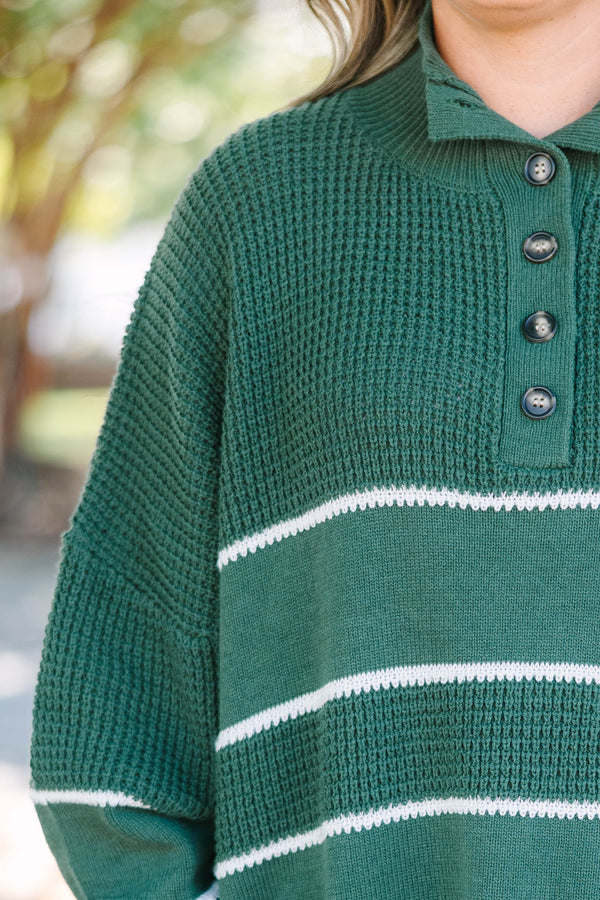 Plus Size green and white striped waffle knit sweater with a button-up collar and long sleeves.