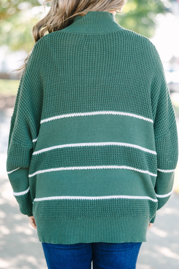 Plus Size green and white striped waffle knit sweater with a button-up collar and long sleeves.