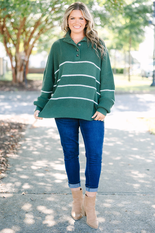 Plus Size green and white striped waffle knit sweater with a button-up collar and long sleeves.