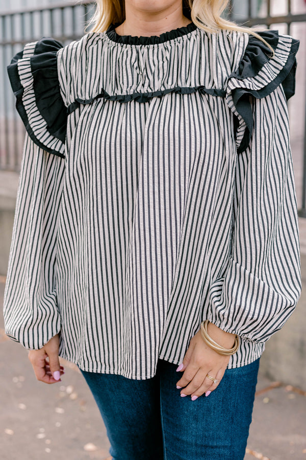 Chic Soul plus size clothing, black and white vertical pin stripe long sleeve top with big ruffles at the shoulders