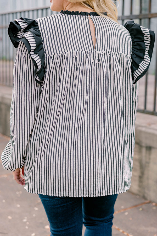 Chic Soul plus size clothing, black and white vertical pin stripe long sleeve top with big ruffles at the shoulders