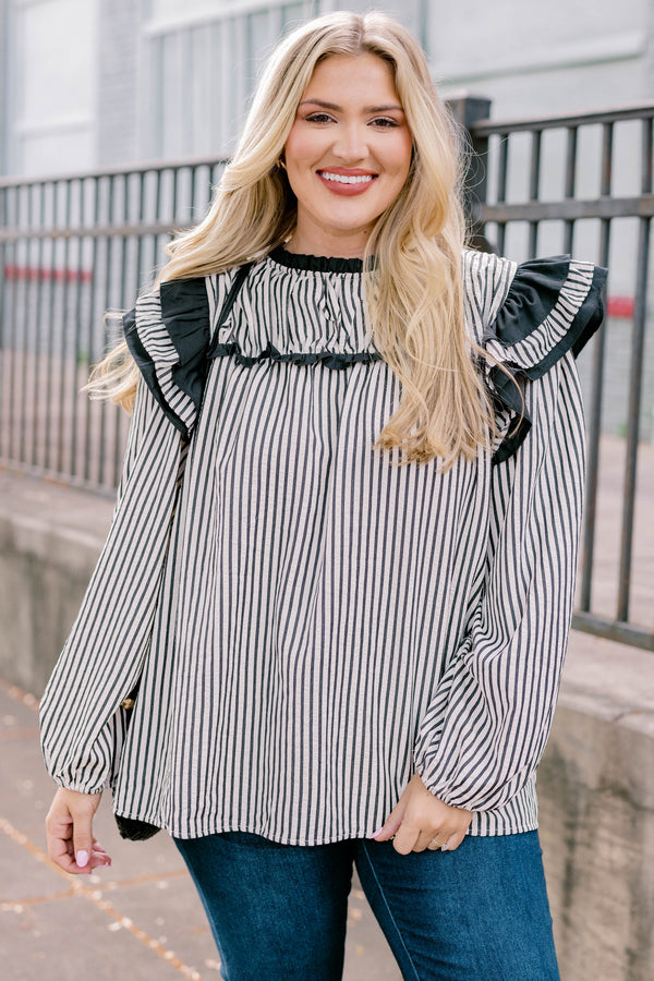 Chic Soul plus size clothing, black and white vertical pin stripe long sleeve top with big ruffles at the shoulders