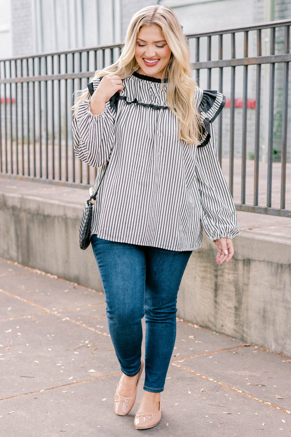 Chic Soul plus size clothing, black and white vertical pin stripe long sleeve top with big ruffles at the shoulders