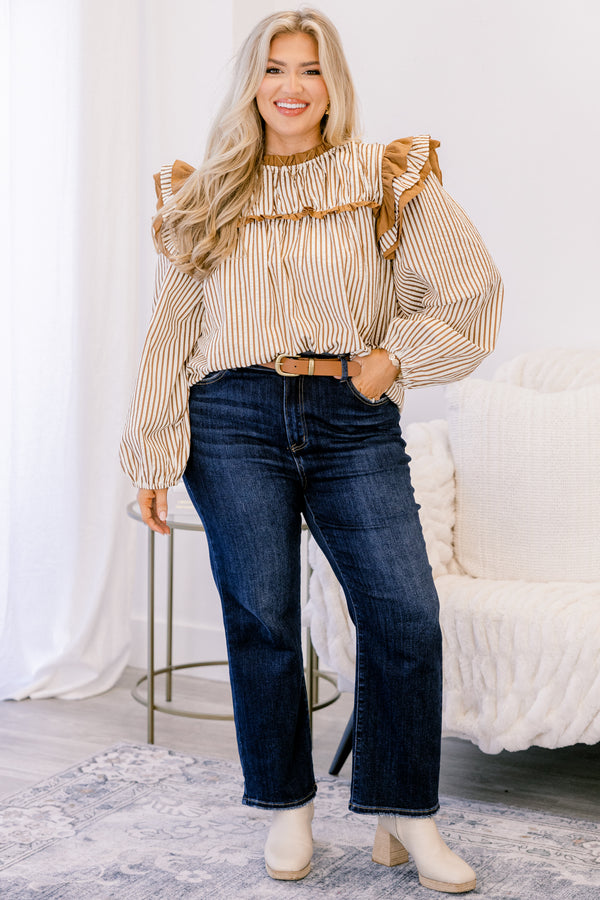 Chic Soul plus size clothing, brown and white horizontal pin stripe long sleeve top with big ruffles on the shoulders