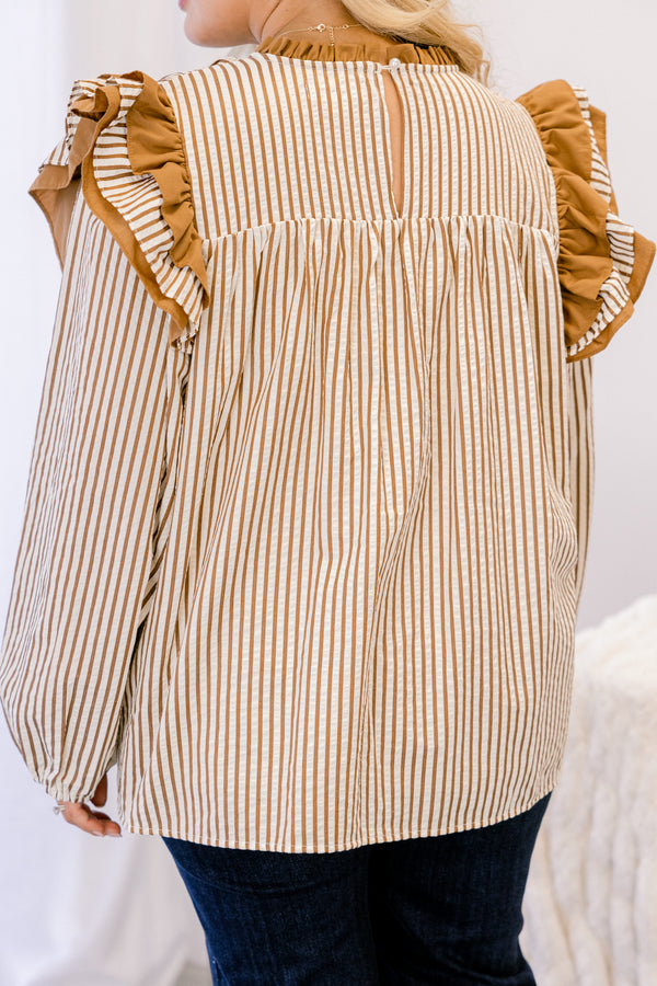 Chic Soul plus size clothing, brown and white horizontal pin stripe long sleeve top with big ruffles on the shoulders